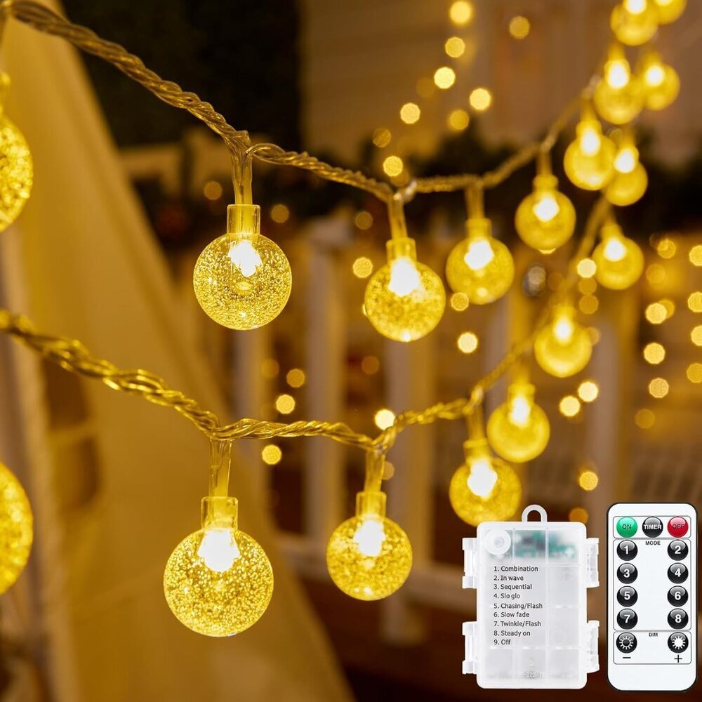 Crystal Globe String Lights Battery Operated - 17 ft 30 LED Globe Fairy Lights w